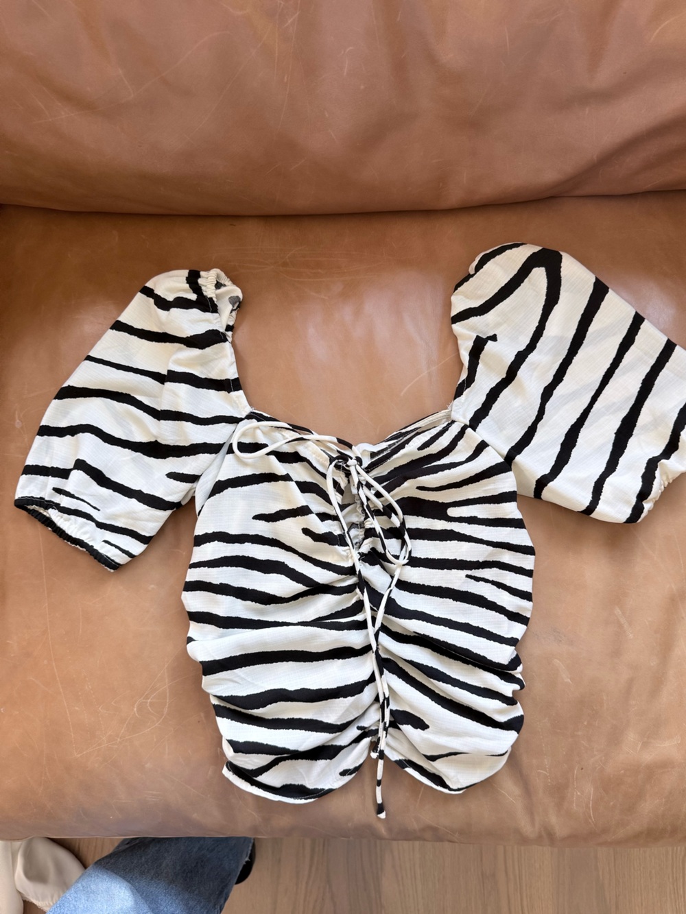 H&M Black and White Zebra-Print Puff Sleeve Crop Top